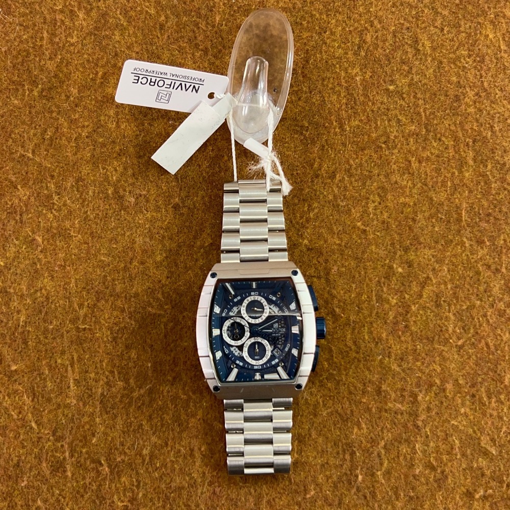 Naviforce Mens OS Silver Blue NF8066 Chronograph Tonneau Watch NWT